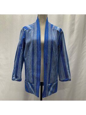 Betty Chow Womens Blue & White Chevron Pattern Open Front Jacket - Size S